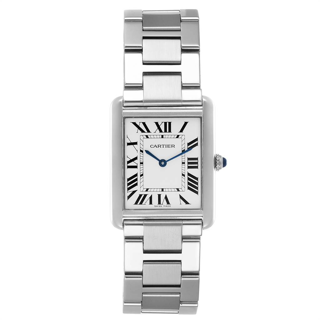This image shows a Cartier Tank Solo W5200014 Men
s Stainless Steel Silver Dial W5200014 Men
s Stainless Steel Silver Dial watch, displaying the full face, stainless steel bracelet, and crown with a cabochon.