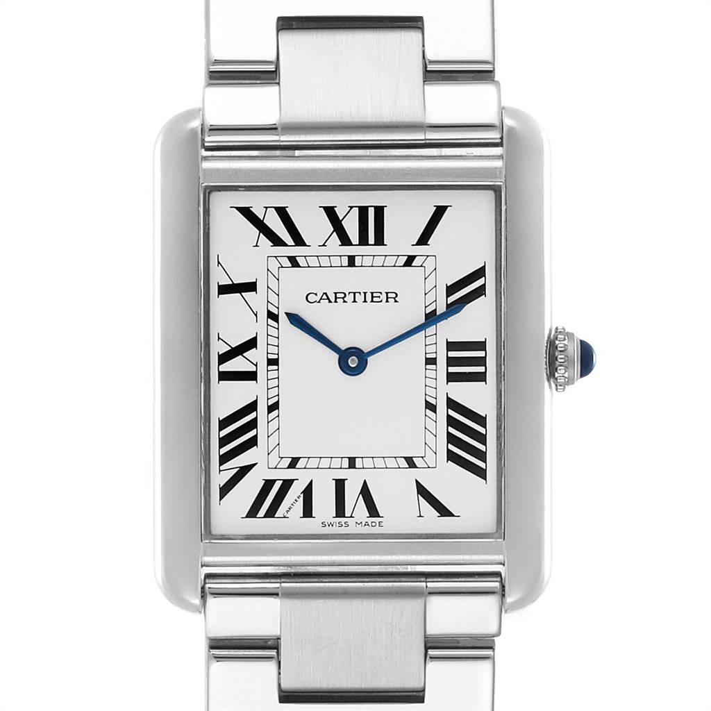This image shows a front view of the Cartier Tank Solo W5200014 Men
s Stainless Steel Silver Dial W5200014 Men
s Stainless Steel Silver Dial watch, highlighting its rectangular face and Roman numerals.