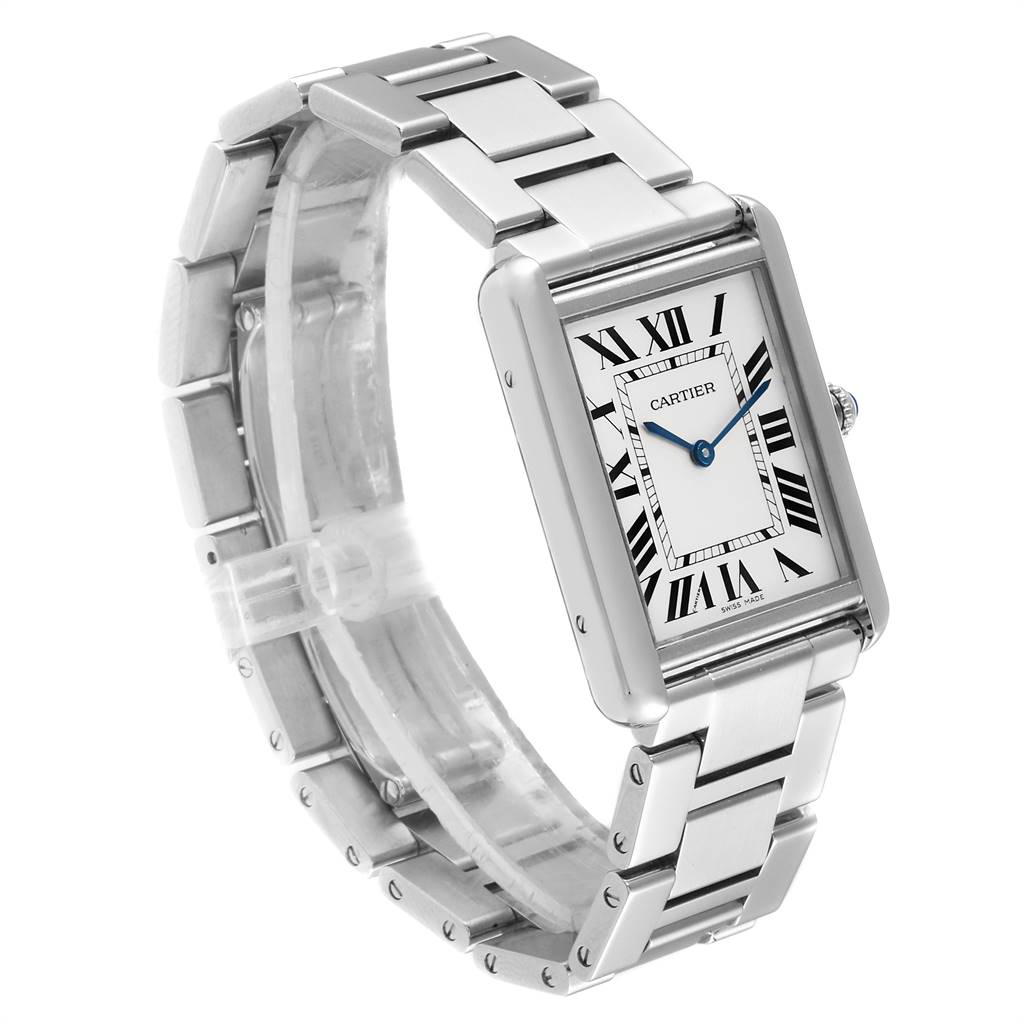 The Cartier Tank Solo W5200014 Men
s Stainless Steel Silver Dial W5200014 Men
s Stainless Steel Silver Dial watch is shown from a side angle displaying its rectangular face and metal bracelet.