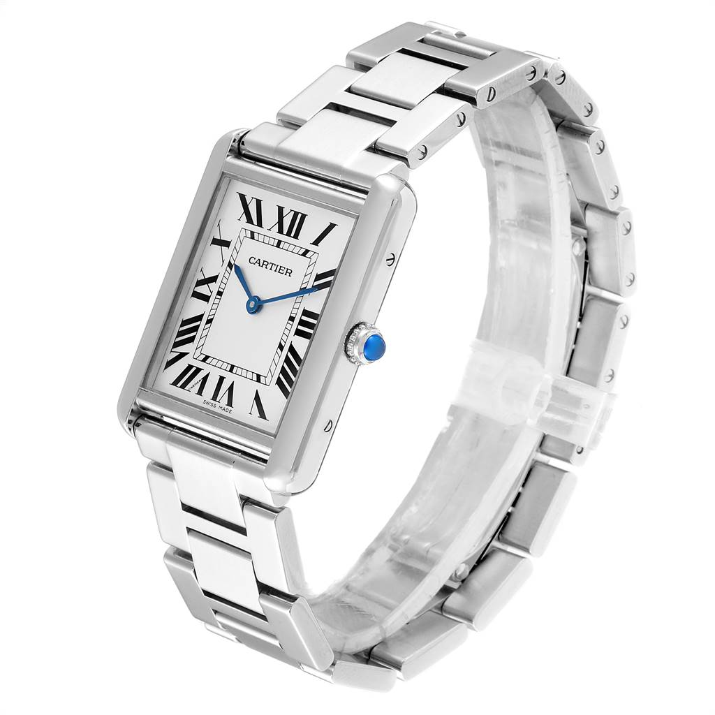 The image shows a Cartier Tank Solo W5200014 Men
s Stainless Steel Silver Dial W5200014 Men
s Stainless Steel Silver Dial watch at a three-quarter angle, displaying its rectangular face, Roman numerals, and metal link bracelet.