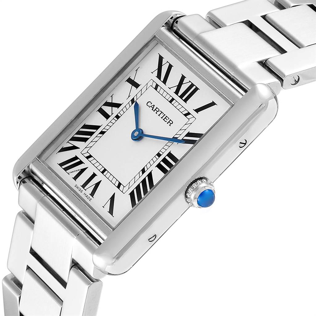 The image shows a close-up view of the Cartier Tank Solo W5200014 Men
s Stainless Steel Silver Dial W5200014 Men
s Stainless Steel Silver Dial watch face, crown, and part of the stainless steel bracelet.