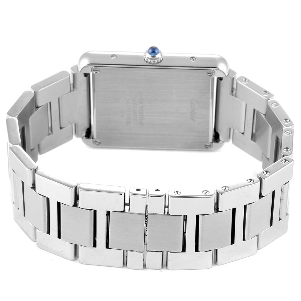 The image shows the back case and stainless steel bracelet of the Cartier Tank Solo W5200014 Men
s Stainless Steel Silver Dial W5200014 Men
s Stainless Steel Silver Dial watch.