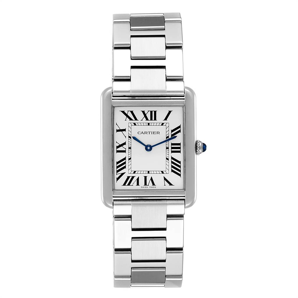 The image shows a frontal view of the Cartier Tank Solo W5200014 Men
s Stainless Steel Silver Dial W5200014 Men
s Stainless Steel Silver Dial watch, highlighting its stainless steel bracelet and Roman numeral dial.
