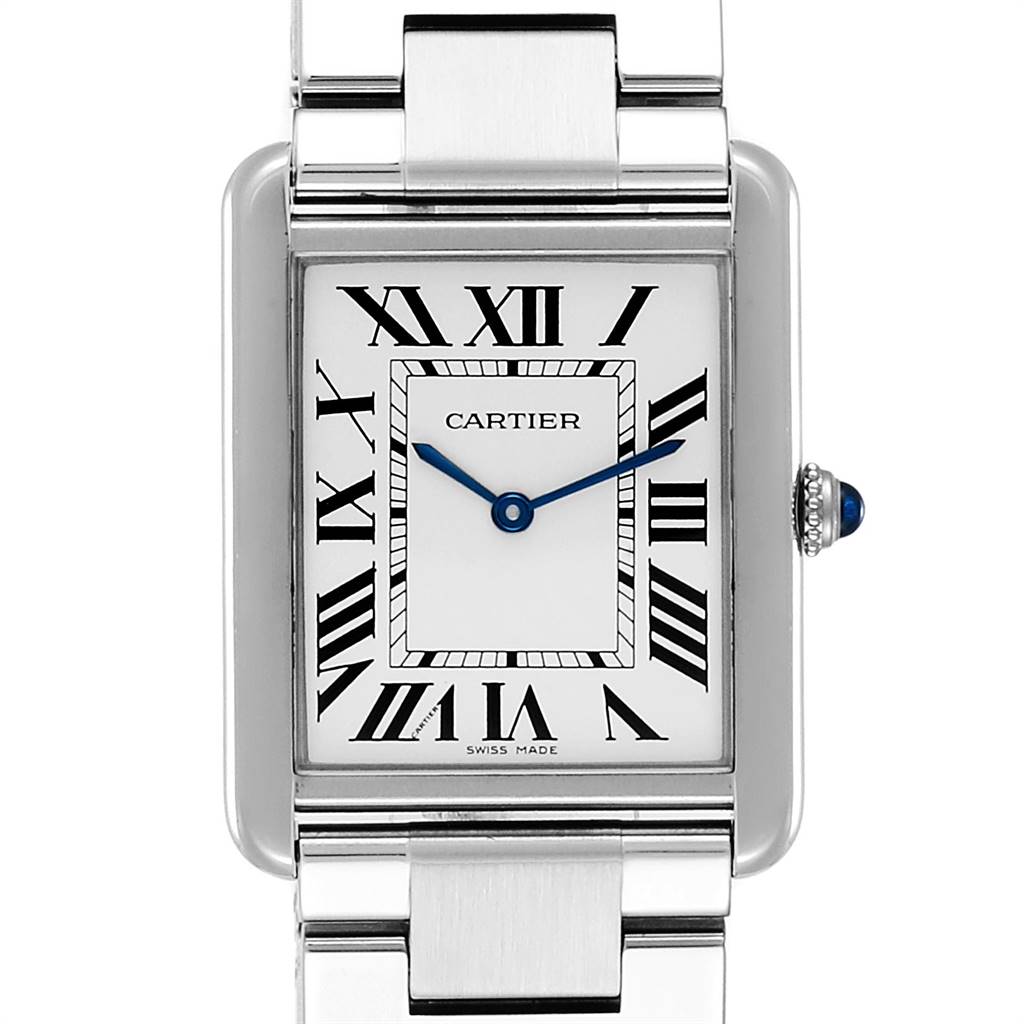 The image shows a front view of a Cartier Tank Solo W5200014 Men
s Stainless Steel Silver Dial W5200014 Men
s Stainless Steel Silver Dial watch, highlighting the face, bezel, and part of the bracelet.