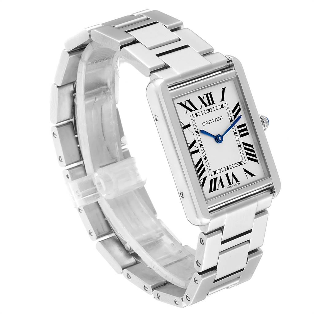 The image shows a Cartier Tank Solo W5200014 Men
s Stainless Steel Silver Dial W5200014 Men
s Stainless Steel Silver Dial watch at an angle showcasing the watch face and metal bracelet.
