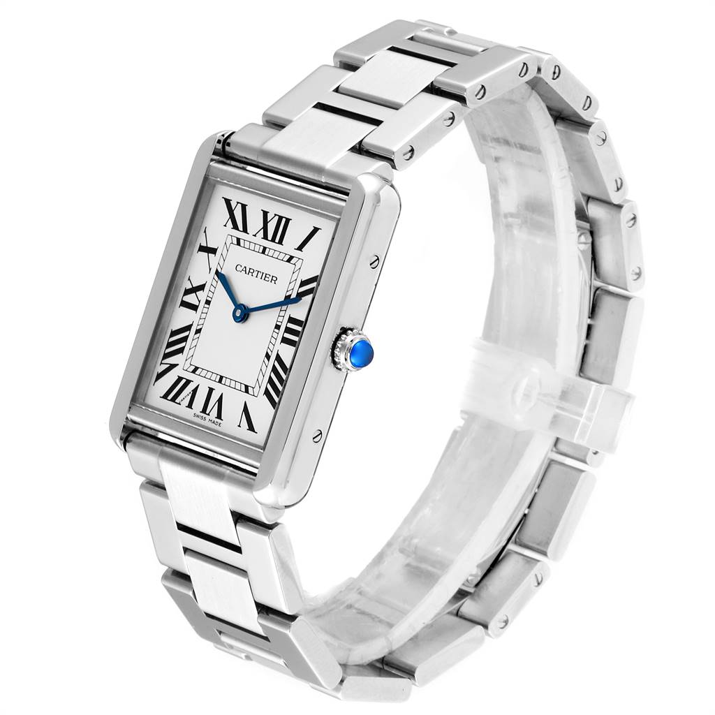 The Cartier Tank Solo W5200014 Men
s Stainless Steel Silver Dial W5200014 Men
s Stainless Steel Silver Dial watch is shown at a three-quarter angle, highlighting its rectangular face, Roman numerals, and metal bracelet.