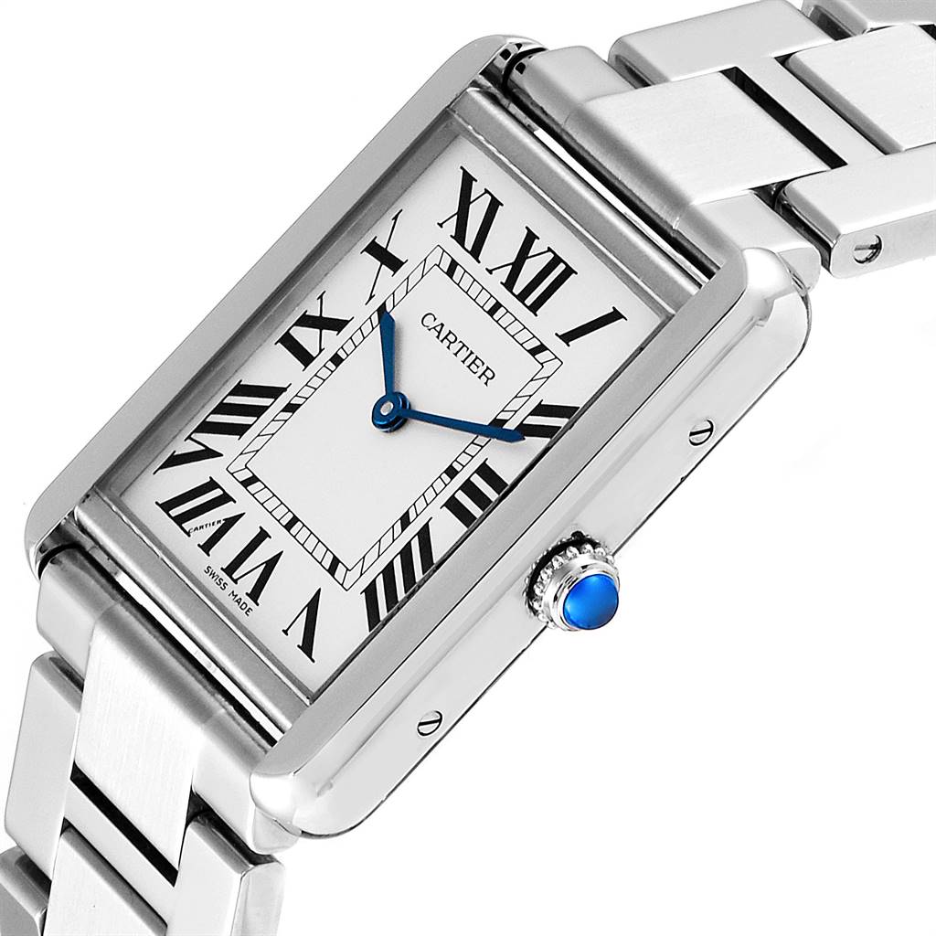 This image shows a close-up angle of the Cartier Tank Solo W5200014 Men
s Stainless Steel Silver Dial W5200014 Men
s Stainless Steel Silver Dial watch displaying its face, hands, and part of the bracelet.
