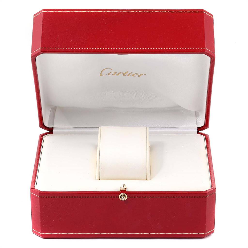 The image shows an empty Cartier Tank Solo W5200028 Men's Stainless Steel Silver Dial W5200028 Men's Stainless Steel Silver Dial watch box with its lid open.