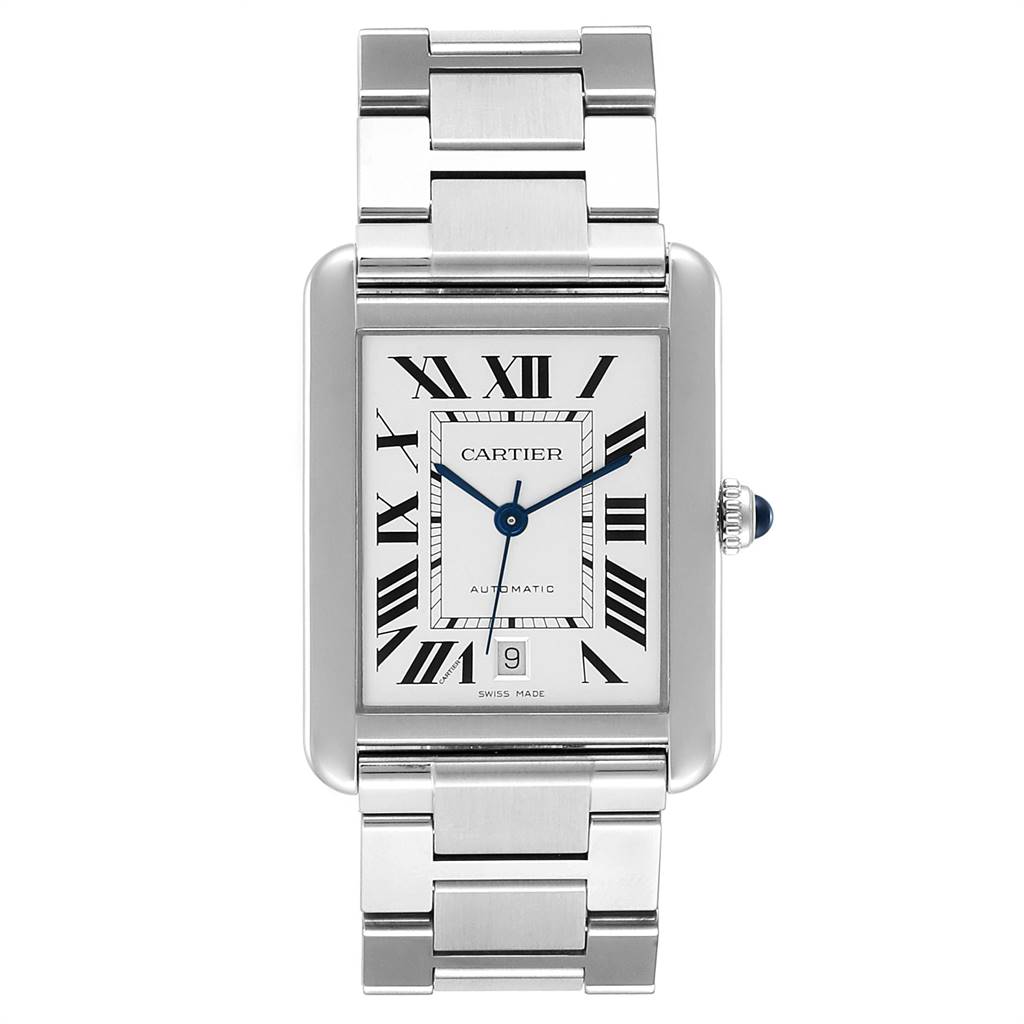 The Cartier Tank Solo W5200028 Men's Stainless Steel Silver Dial W5200028 Men's Stainless Steel Silver Dial watch is shown from a top-down angle, displaying its entire face and part of the metal bracelet.