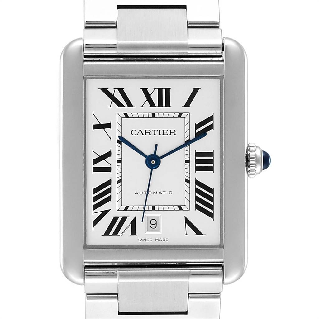 This is a close-up view of the face and partial bracelet of the Cartier Tank Solo W5200028 Men's Stainless Steel Silver Dial W5200028 Men's Stainless Steel Silver Dial watch, showing its rectangular case and Roman numeral dial.