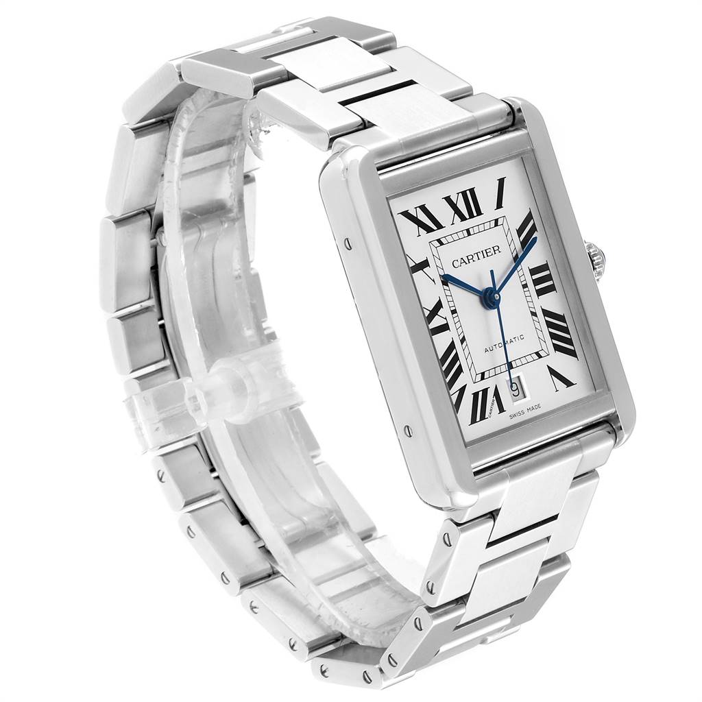 The image shows a Cartier Tank Solo W5200028 Men's Stainless Steel Silver Dial W5200028 Men's Stainless Steel Silver Dial watch at a slight angle, highlighting its rectangular face and metal bracelet.