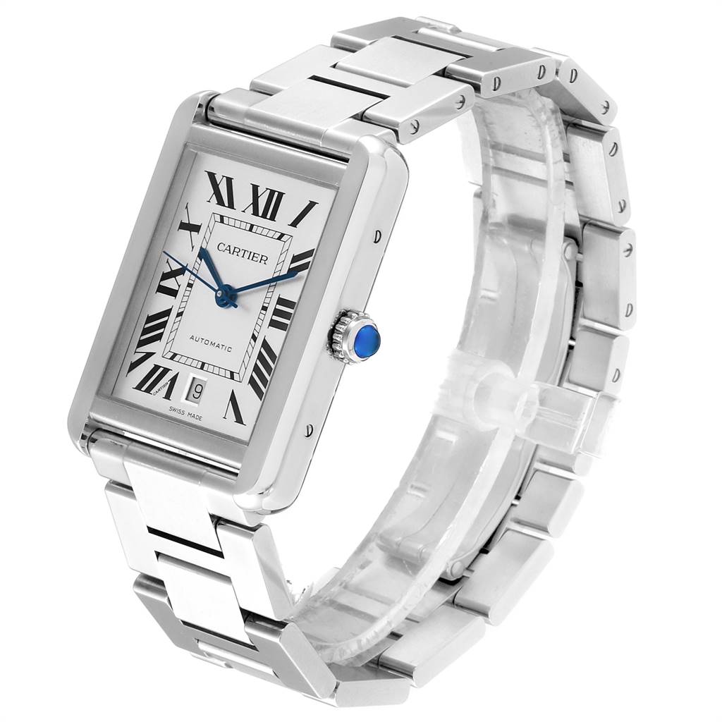 The Cartier Tank Solo W5200028 Men's Stainless Steel Silver Dial W5200028 Men's Stainless Steel Silver Dial watch is shown at a slight angle, displaying its face, blue hands, Roman numerals, metal bracelet, and blue cabochon crown.