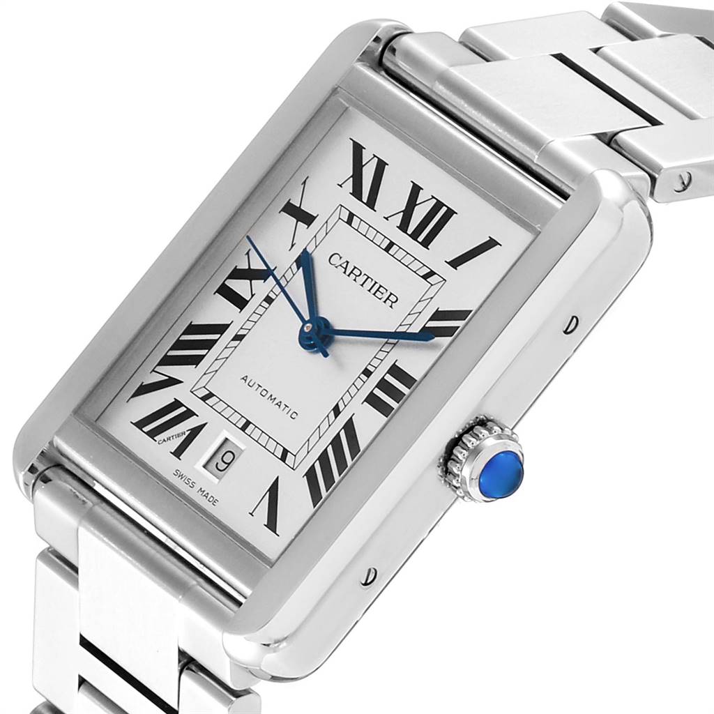 The Cartier Tank Solo W5200028 Men's Stainless Steel Silver Dial W5200028 Men's Stainless Steel Silver Dial watch is shown from an angled side view displaying the dial face, crown, and part of the metal bracelet.