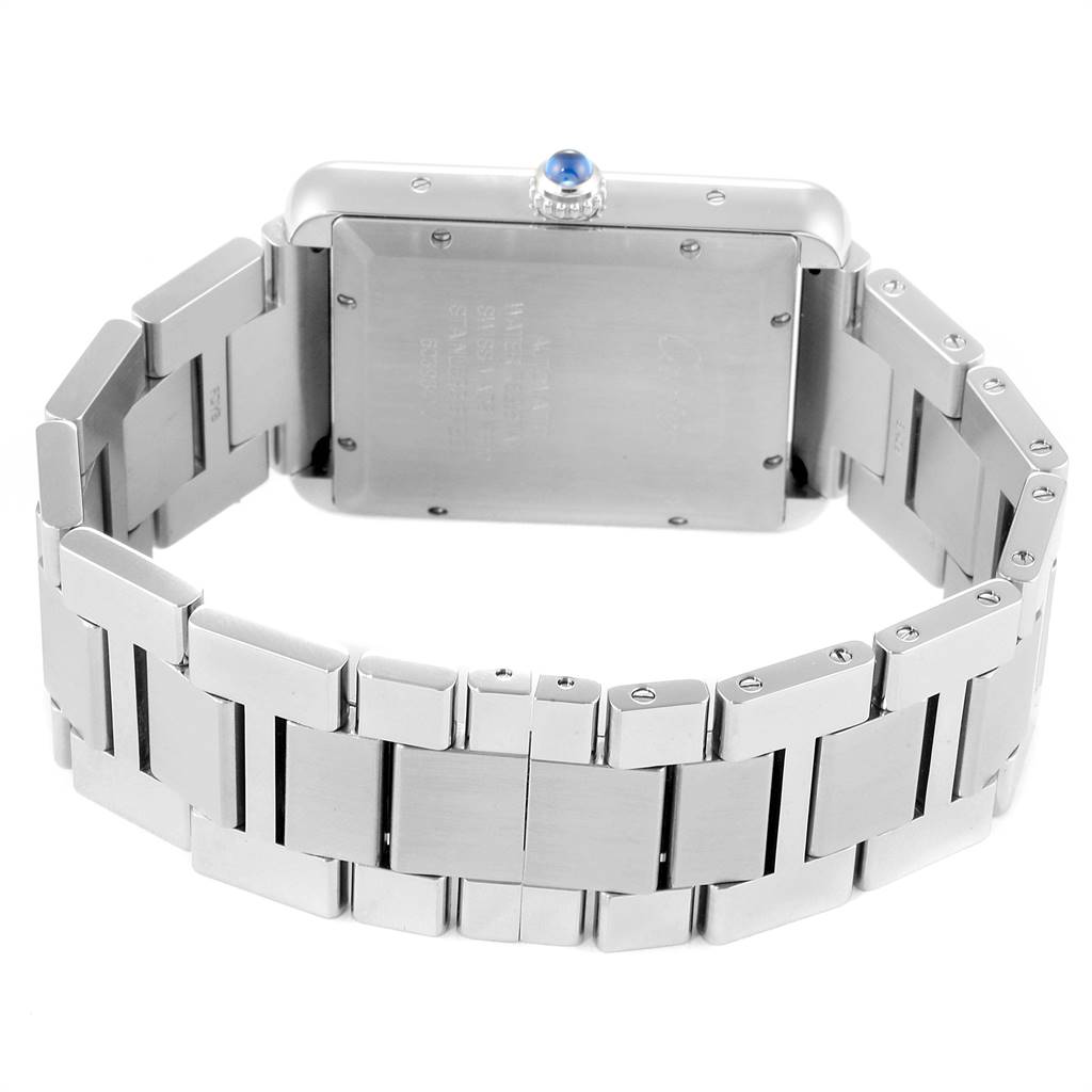 The image shows the back and bracelet of a Cartier Tank Solo W5200028 Men's Stainless Steel Silver Dial W5200028 Men's Stainless Steel Silver Dial watch, highlighting its stainless steel link design.