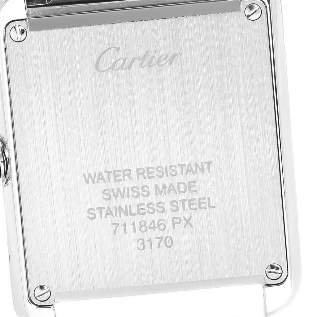 This image shows the back case of a Cartier Tank Solo W5200013 Women
s Stainless Steel Silver Dial W5200013 Women
s Stainless Steel Silver Dial watch, highlighting the brand name and specifications.