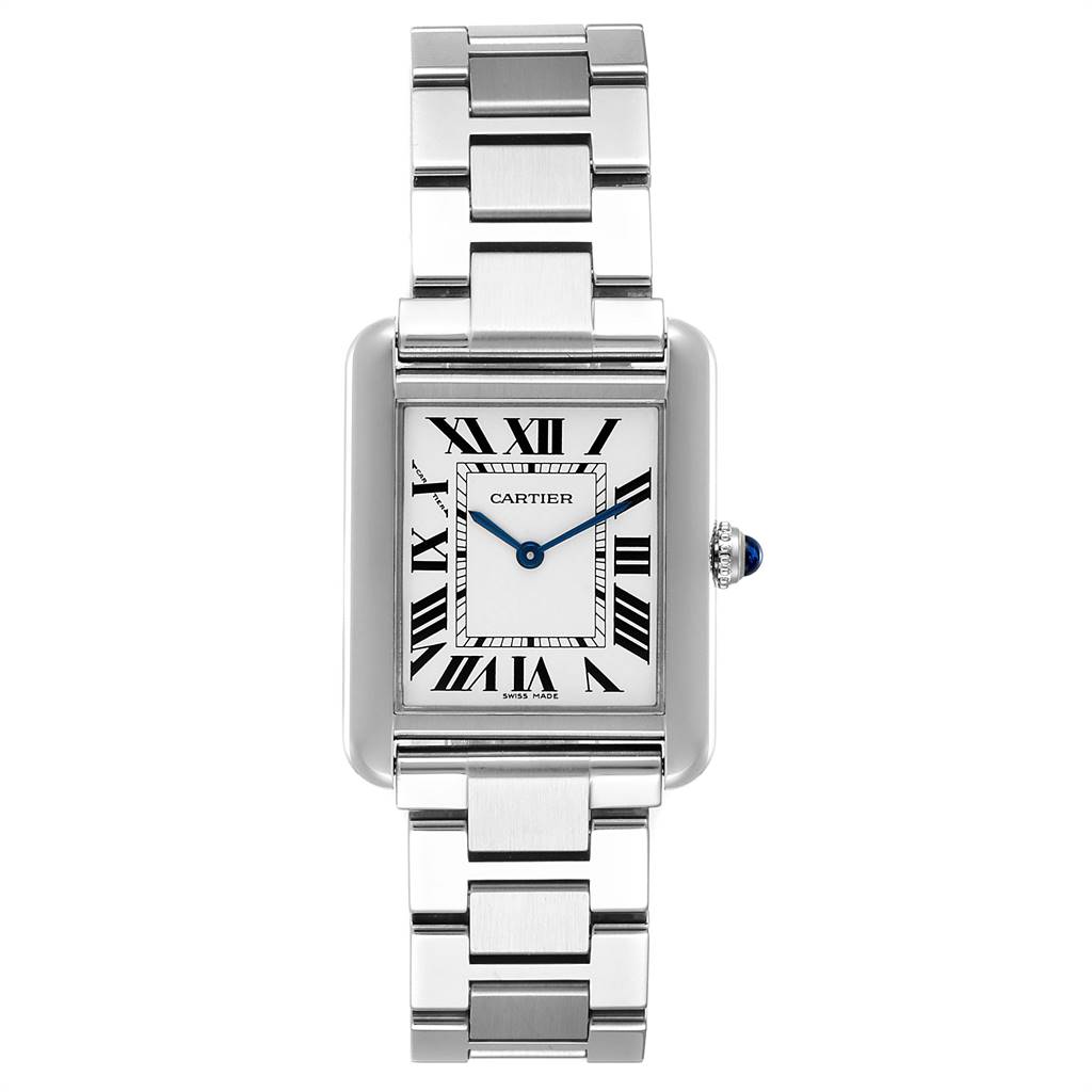 This image shows a Cartier Tank Solo W5200013 Women
s Stainless Steel Silver Dial W5200013 Women
s Stainless Steel Silver Dial watch from a top-down angle, displaying the face, bracelet, and crown.