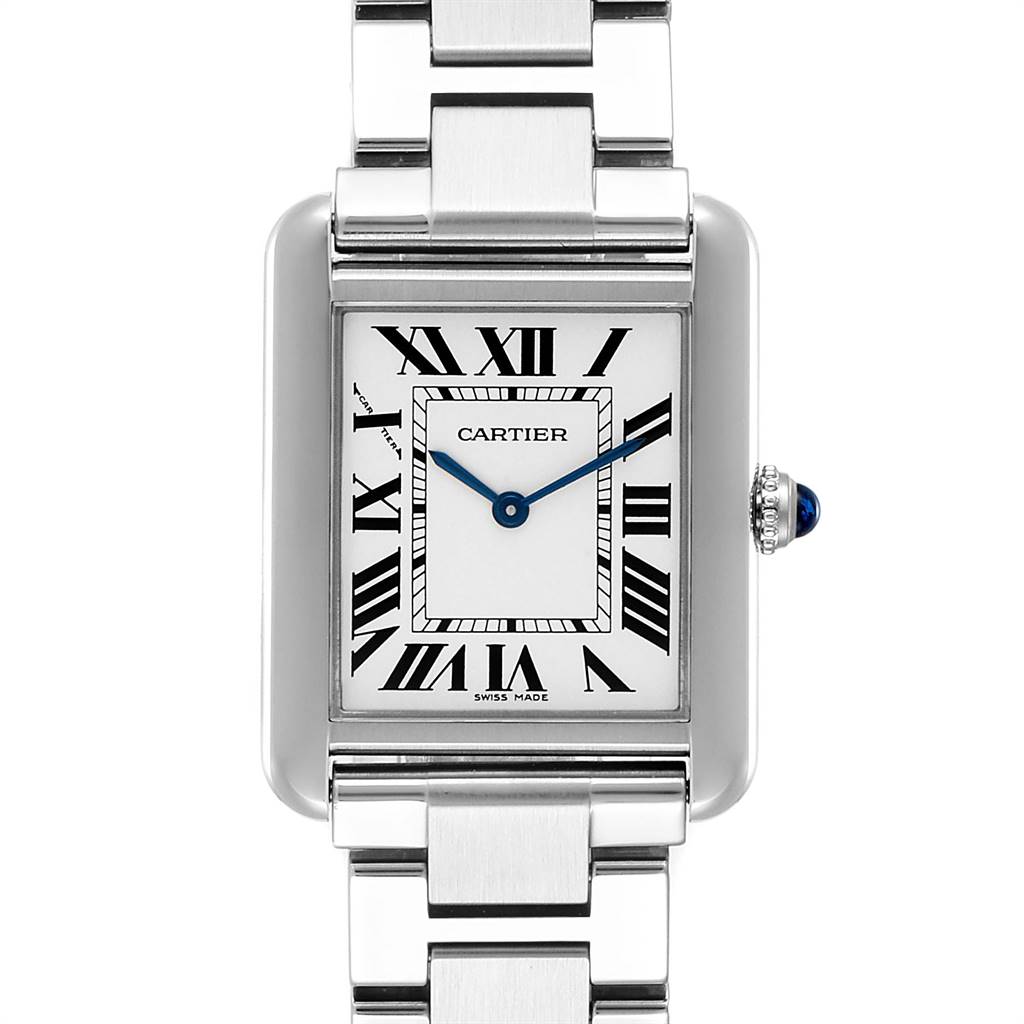 The image shows the Cartier Tank Solo W5200013 Women
s Stainless Steel Silver Dial W5200013 Women
s Stainless Steel Silver Dial watch from a front angle, displaying the face, bracelet, and crown.