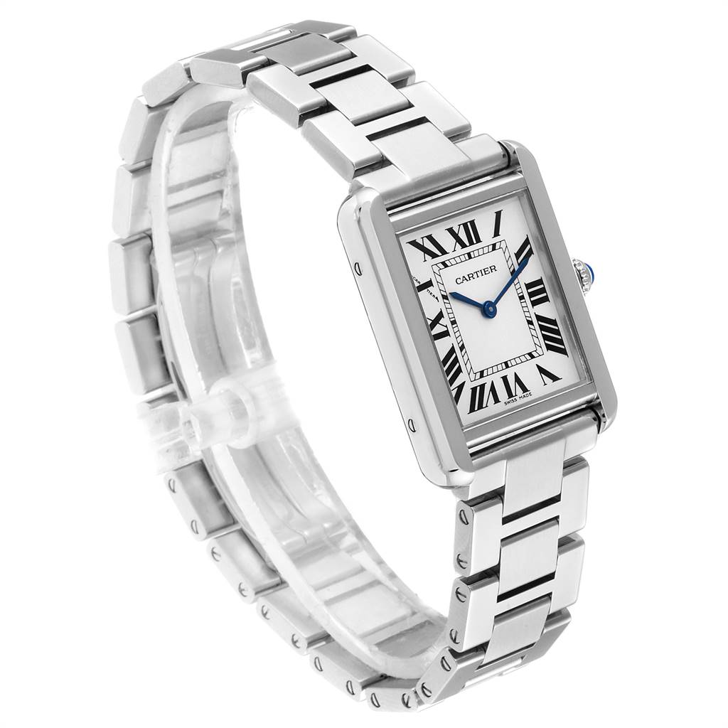 A Cartier Tank Solo W5200013 Women
s Stainless Steel Silver Dial W5200013 Women
s Stainless Steel Silver Dial watch is shown from an angled side view, showcasing its face and metal band.