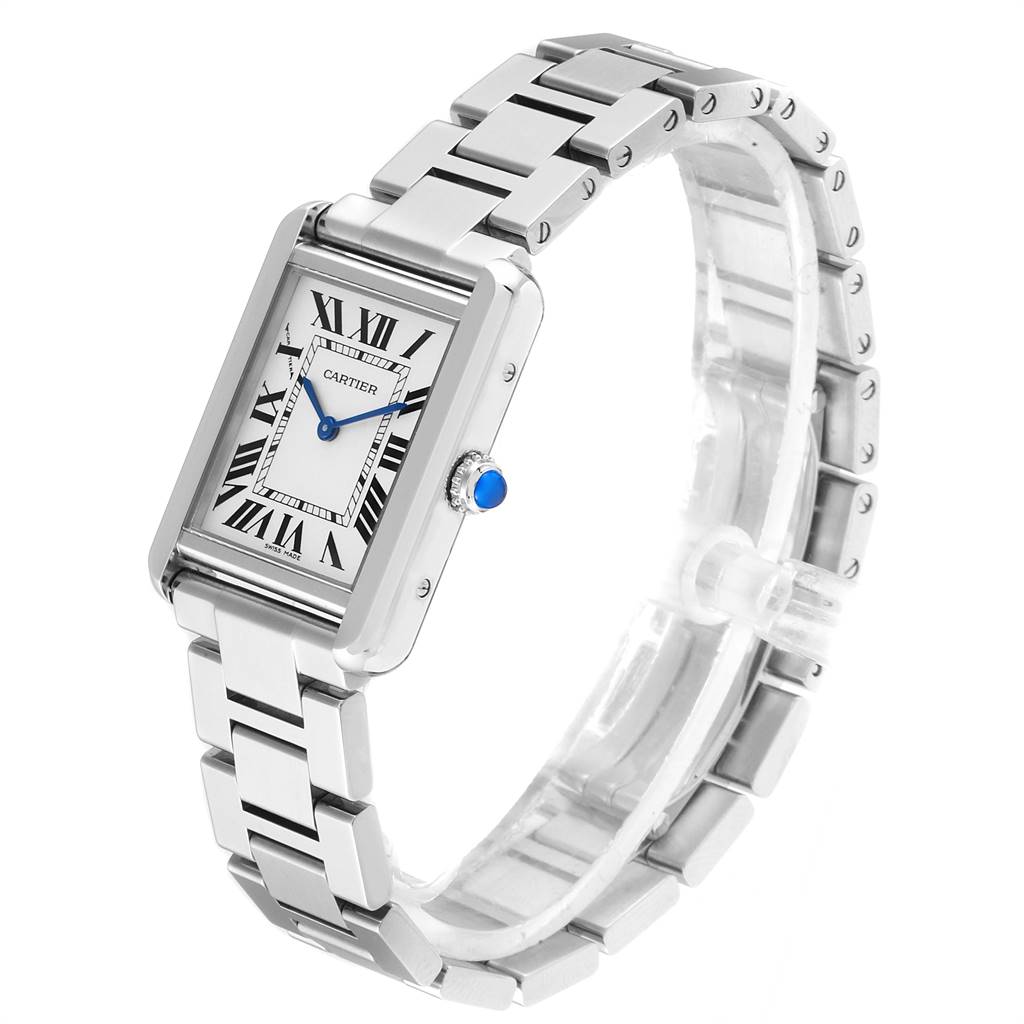 This Cartier Tank Solo W5200013 Women
s Stainless Steel Silver Dial W5200013 Women
s Stainless Steel Silver Dial watch is shown at an angled view highlighting the face, crown, and stainless steel bracelet.