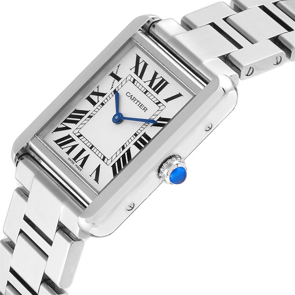 The image shows a Cartier Tank Solo W5200013 Women
s Stainless Steel Silver Dial W5200013 Women
s Stainless Steel Silver Dial watch at an angled view, highlighting the face, crown, and part of the bracelet.