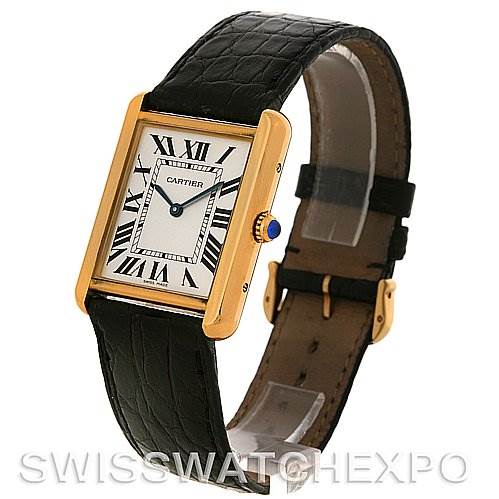 The image shows a Cartier Tank Solo W1018855 Men
s Steel and Gold (two tone) Silver Dial W1018855 Men
s Steel and Gold (two tone) Silver Dial watch angled slightly from the side, highlighting the face, strap, and clasp.
