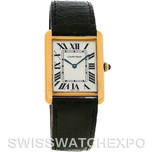 This image shows a front view of a Cartier Tank Solo W1018855 Men
s Steel and Gold (two tone) Silver Dial W1018855 Men
s Steel and Gold (two tone) Silver Dial watch, featuring its rectangular face, Roman numerals, and strap.