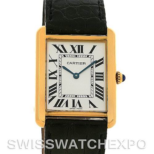 The Cartier Tank Solo W1018855 Men
s Steel and Gold (two tone) Silver Dial W1018855 Men
s Steel and Gold (two tone) Silver Dial watch is shown from a front angle, displaying its rectangular face, Roman numerals, and black leather strap.