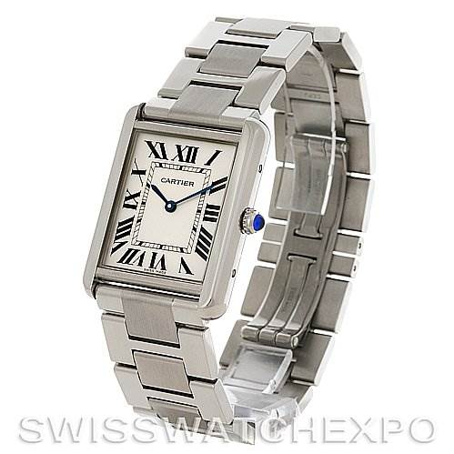 The image shows a Cartier Tank Solo W5200014 Stainless Steel Silver Dial W5200014 Stainless Steel Silver Dial watch from an angled perspective, displaying the face, bracelet, and side crown.