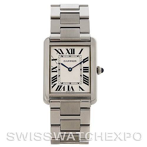 This image shows a Cartier Tank Solo W5200014 Stainless Steel Silver Dial W5200014 Stainless Steel Silver Dial model watch from a front-facing angle, highlighting its rectangular face, Roman numerals, and stainless steel bracelet.