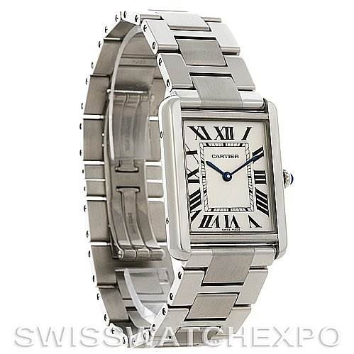 The image shows a side angle of the Cartier Tank Solo W5200014 Stainless Steel Silver Dial W5200014 Stainless Steel Silver Dial watch, highlighting the bracelet, case, and dial with Roman numerals.