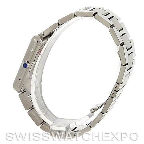 The image shows a side view of a Cartier Tank Solo W5200014 Stainless Steel Silver Dial W5200014 Stainless Steel Silver Dial watch, highlighting the case and metal bracelet.