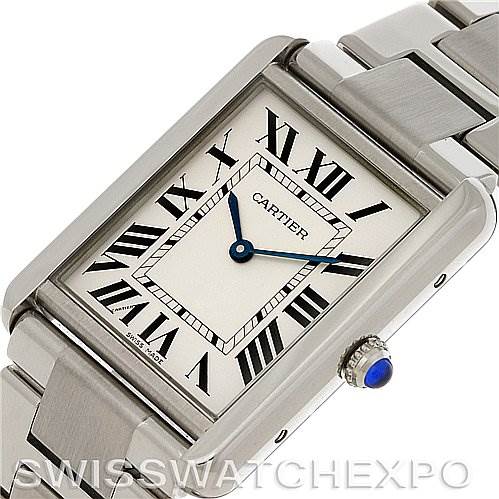 The image shows a close-up angle of the face and part of the bracelet of the Cartier Tank Solo W5200014 Stainless Steel Silver Dial W5200014 Stainless Steel Silver Dial watch.