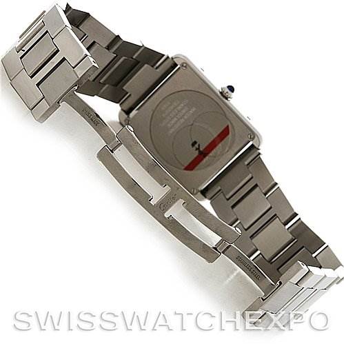 This image shows the back and bracelet of the Cartier Tank Solo W5200014 Stainless Steel Silver Dial W5200014 Stainless Steel Silver Dial watch at an angled perspective.
