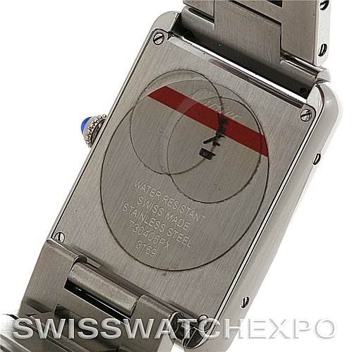 The image shows the back view of a Cartier Tank Solo W5200014 Stainless Steel Silver Dial W5200014 Stainless Steel Silver Dial watch, highlighting the watch
s stainless steel case and band.