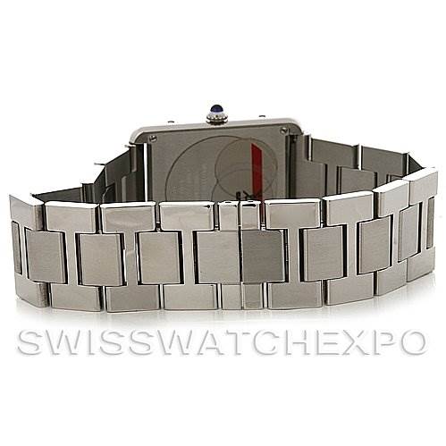 This image shows the back and bracelet of a Cartier Tank Solo W5200014 Stainless Steel Silver Dial W5200014 Stainless Steel Silver Dial watch from a slightly elevated rear angle.