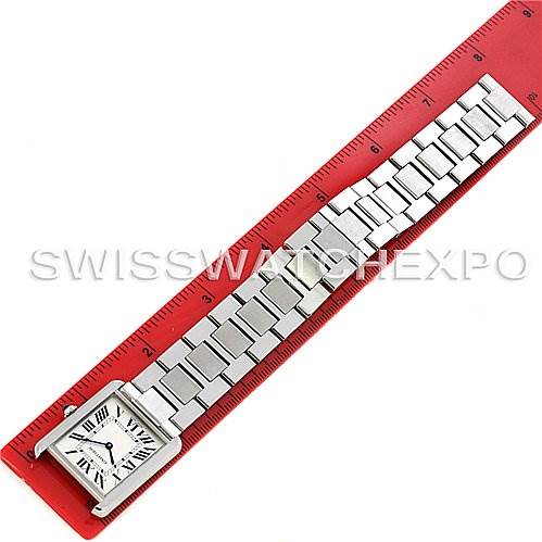 The image shows a full view of the Cartier Tank Solo W5200014 Stainless Steel Silver Dial W5200014 Stainless Steel Silver Dial watch, including its face and metal bracelet, measured alongside a red ruler.