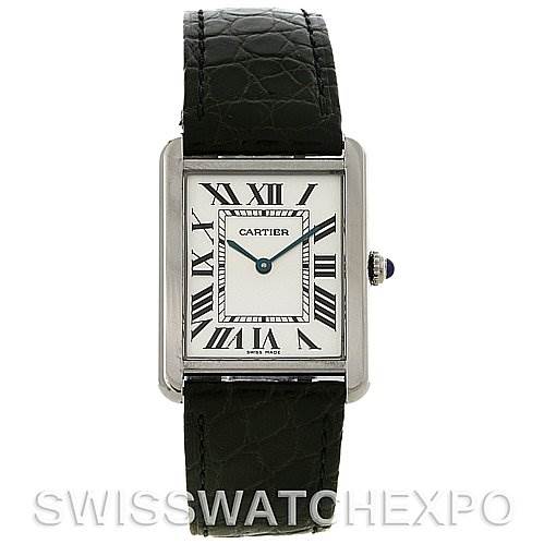 The image shows a Cartier Tank Solo W1018355 Men
s Stainless Steel Silver Dial W1018355 Men
s Stainless Steel Silver Dial watch from a front angle, highlighting its face, Roman numerals, and black leather strap.