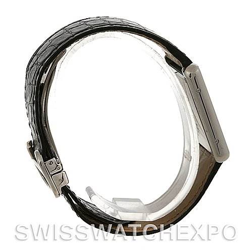 This image shows a side view of a Cartier Tank Solo W1018355 Men
s Stainless Steel Silver Dial W1018355 Men
s Stainless Steel Silver Dial watch, displaying the case, strap, and buckle.