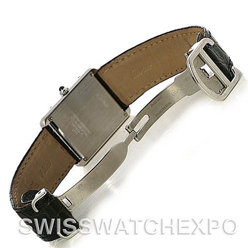 The image shows the back view of a Cartier Tank Solo W1018355 Men
s Stainless Steel Silver Dial W1018355 Men
s Stainless Steel Silver Dial watch, highlighting the case back, leather strap, and deployment clasp.