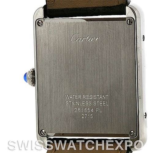 This image shows the back of a Cartier Tank Solo W1018355 Men
s Stainless Steel Silver Dial W1018355 Men
s Stainless Steel Silver Dial watch, highlighting the stainless steel case and water resistance specifications.