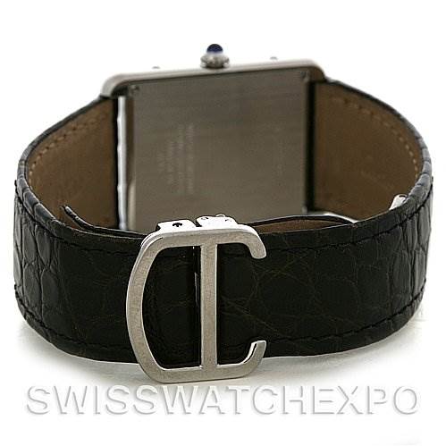 The image shows the Cartier Tank Solo W1018355 Men
s Stainless Steel Silver Dial W1018355 Men
s Stainless Steel Silver Dial watch from the back, highlighting the clasp, strap, and case back.