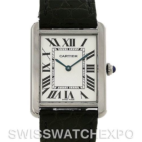 This image shows a front view of the Cartier Tank Solo W1018355 Men
s Stainless Steel Silver Dial W1018355 Men
s Stainless Steel Silver Dial watch, displaying its dial, Roman numerals, and black leather strap.