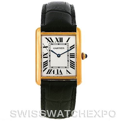 This image shows a front view of the Cartier Tank Solo W1018855 Men
s Steel and Gold (two tone) Silver Dial W1018855 Men
s Steel and Gold (two tone) Silver Dial watch, highlighting its rectangular dial, Roman numerals, and black leather strap.