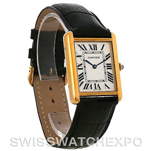 This image shows a frontal side angle of a Cartier Tank Solo W1018855 Men
s Steel and Gold (two tone) Silver Dial W1018855 Men
s Steel and Gold (two tone) Silver Dial watch, highlighting the face, strap, and case.