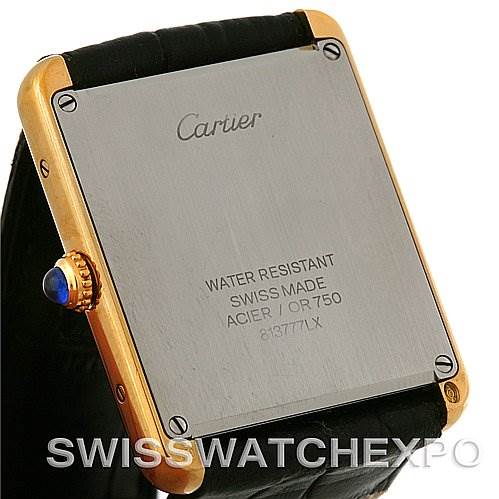 The image shows the back view of a Cartier Tank Solo W1018855 Men
s Steel and Gold (two tone) Silver Dial W1018855 Men
s Steel and Gold (two tone) Silver Dial watch, highlighting the case back and crown.