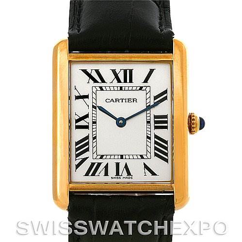 The image shows a frontal view of the Cartier Tank Solo W1018855 Men
s Steel and Gold (two tone) Silver Dial W1018855 Men
s Steel and Gold (two tone) Silver Dial watch, highlighting its rectangular dial, Roman numerals, and a leather strap.