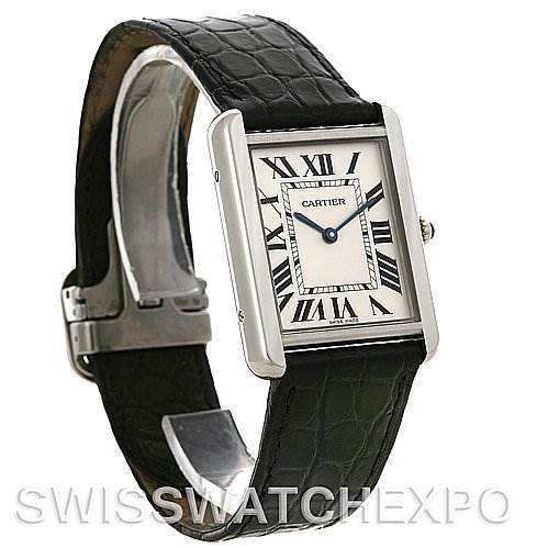 The image shows a Cartier Tank Solo W1018355 Men's Stainless Steel Silver Dial W1018355 Men's Stainless Steel Silver Dial watch from an angled side view, displaying the face, bezel, and leather strap.