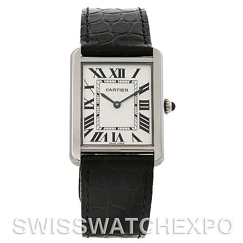 This image shows a front view of the Cartier Tank Solo W1018355 Men's Stainless Steel Silver Dial W1018355 Men's Stainless Steel Silver Dial watch with its black leather strap and rectangular face with Roman numerals.