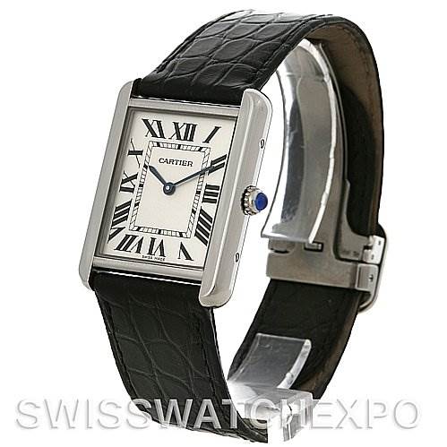 The image shows a side-angled view of a Cartier Tank Solo W1018355 Men's Stainless Steel Silver Dial W1018355 Men's Stainless Steel Silver Dial watch, highlighting the face, crown, and leather strap.