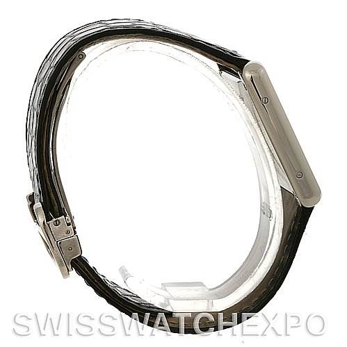 This image shows the side profile of the Cartier Tank Solo W1018355 Men's Stainless Steel Silver Dial W1018355 Men's Stainless Steel Silver Dial watch, featuring its case, strap, and buckle.